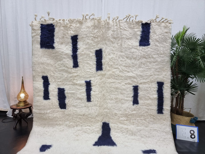 PLUSH BENIOURAIN RUG, Moroccan Rug , White  Navy Blue Rug, Wool Handwoven Rug, Handmade Rug, Area Rug, Berber Rug, Abstract Rug.