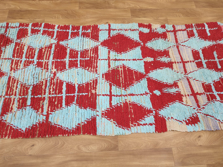 amazing berber rug, moroccan  runner rug, handmade geometric rug, blue and red rug, tribal berber rug, authentic moroccan runner rug.