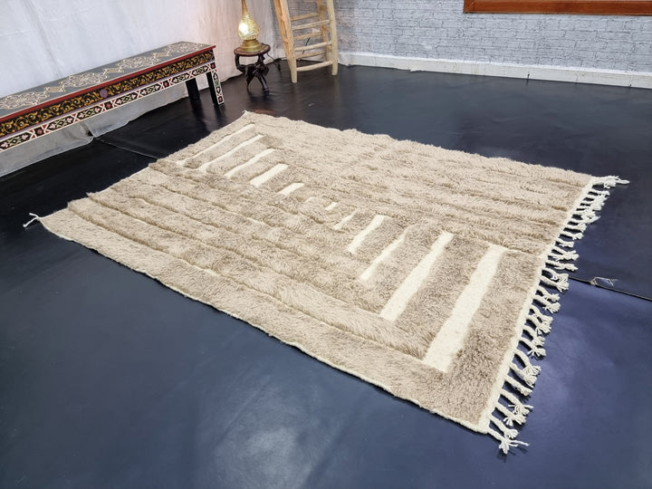 ORIGINAL BENIOURAIN RUG, Handmade Rug , Moroccan Rug, Dark Beige Rug, Beniourain Wool Rug, Berber Carpet, Tufted Rug, Abstract Fluffy Rug