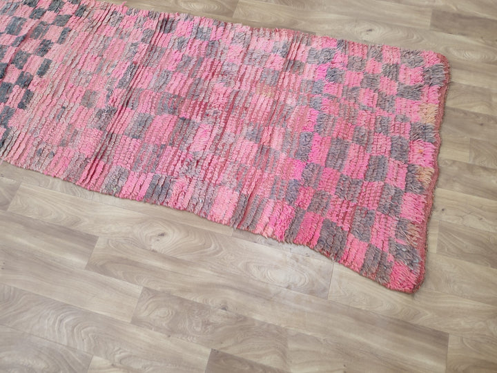 berber moroccan rug,  tribal runner rug, checkered handmade rug, authentic moroccan carpet, berber wool rug, pink  gray checker rug.