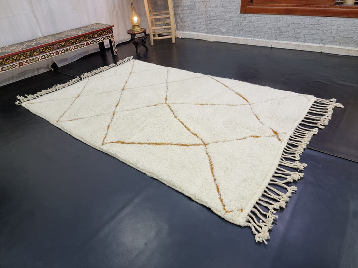 PRETTY MOROCCAN RUG, Handmade Rug , Mustard  White Rug, Berber Wool Rug, Geometric Rug, Brown Rug, Area Rug, Handwoven rug, Grooved Rug