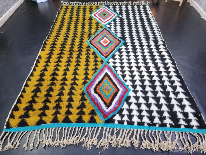 AMAZING BENIOURAIN RUG, Moroccan Handmade Rug, , Mustard  Black Rug, Sheep Wool Rug, Geometric Rug, Berber Rug, Unique Handwoven Rug