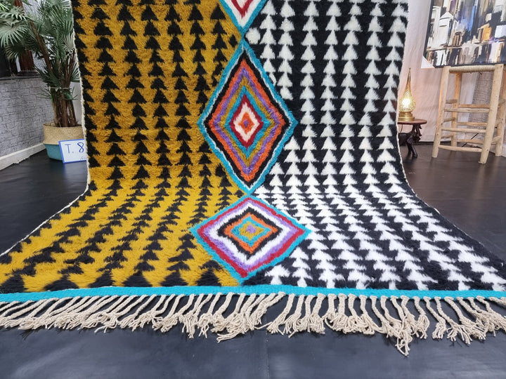 AMAZING BENIOURAIN RUG, Moroccan Handmade Rug, , Mustard  Black Rug, Sheep Wool Rug, Geometric Rug, Berber Rug, Unique Handwoven Rug