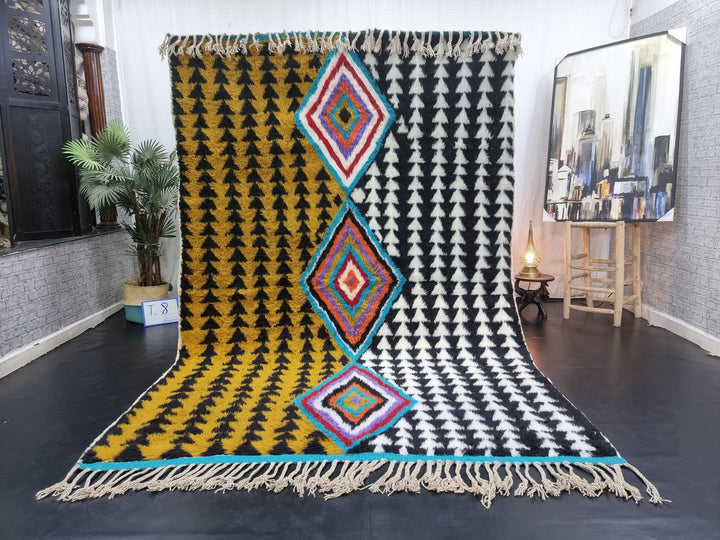 AMAZING BENIOURAIN RUG, Moroccan Handmade Rug, , Mustard  Black Rug, Sheep Wool Rug, Geometric Rug, Berber Rug, Unique Handwoven Rug