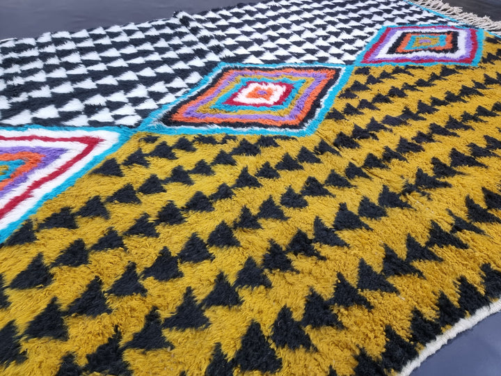 AMAZING BENIOURAIN RUG, Moroccan Handmade Rug, , Mustard  Black Rug, Sheep Wool Rug, Geometric Rug, Berber Rug, Unique Handwoven Rug