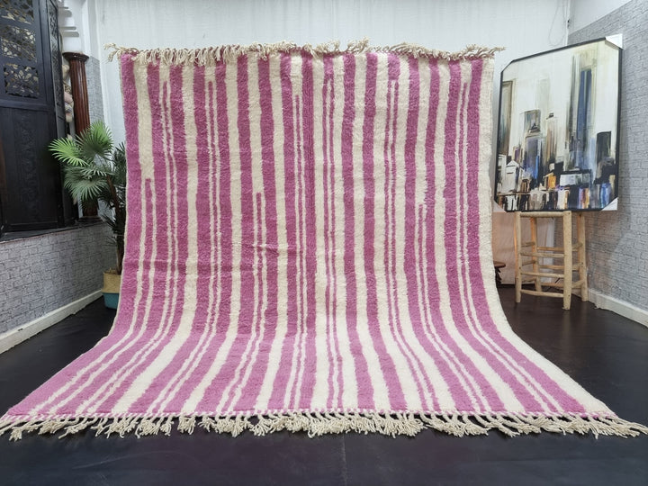 STUNNING PINK RUG, Handmade Striped Wool Rug For Your Living Room, Moroccan Inspired Berber Beni Rug, Pink Sheep Wool Handwoven Area Carpet