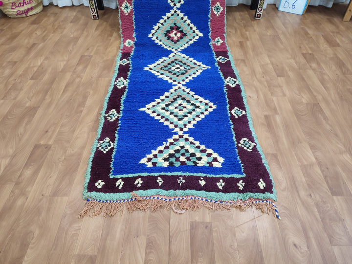 amazing moroccan rug,  handmade carpet, sheep wool runner rug, berber blue and turquoise rug,tribal geometric rug,bordered runner rug