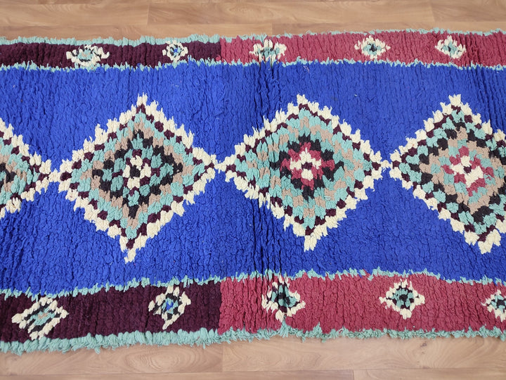 amazing moroccan rug,  handmade carpet, sheep wool runner rug, berber blue and turquoise rug,tribal geometric rug,bordered runner rug