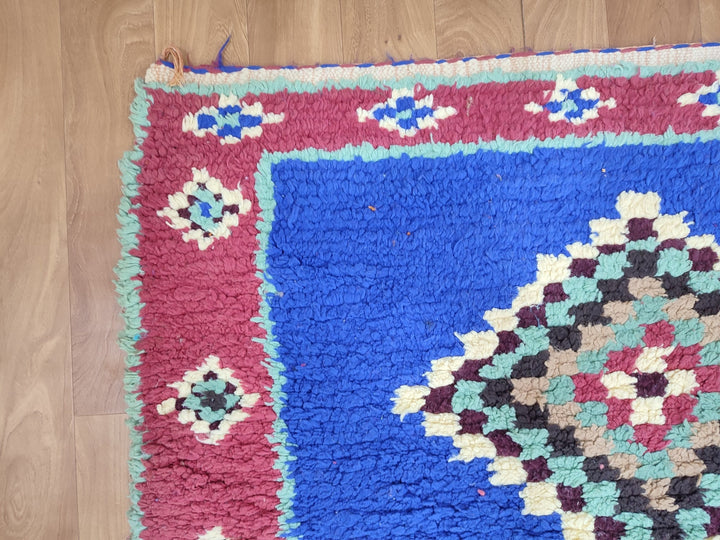 amazing moroccan rug,  handmade carpet, sheep wool runner rug, berber blue and turquoise rug,tribal geometric rug,bordered runner rug