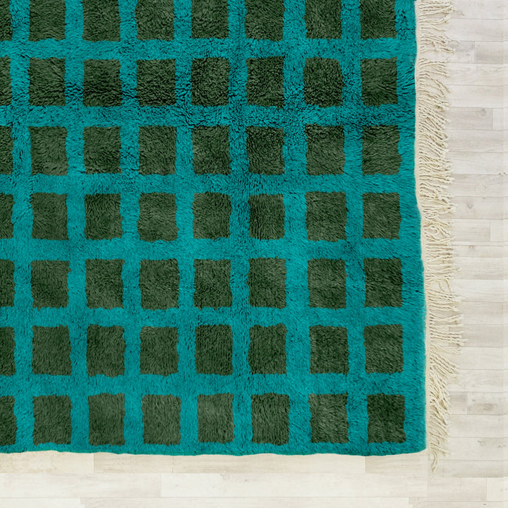 Green Checkered Rug, Moroccan Shag Rug, Beni Ourain Rug, Checkerboard Rug, Area Rug 