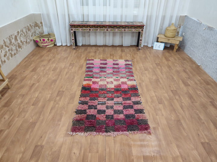 gorgeous moroccan rug,  handmade runner rug, checkered runner rug, sheep wool rug, pink and black runner rug, berber moroccan rug.