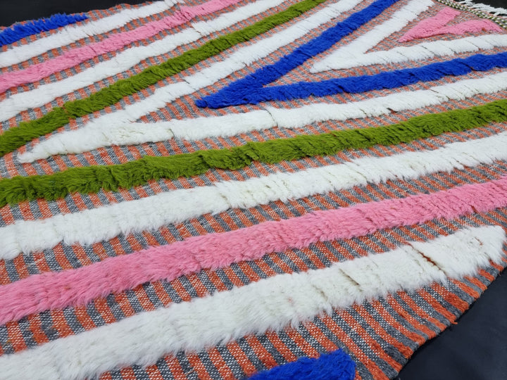 PRETTY BENIOURAIN RUG, Handmade Rug , Blue And Pink Rug, Berber Rug, Striped Rug, Tribal Rug, Area Rug, Handwoven rug, Funky Wool Rug