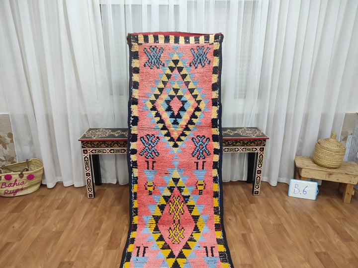 amazing berber rug, moroccan  runner rug, handmade geometric rug, pink and yellow rug, tribal berber rug, authentic sheep wool rug.