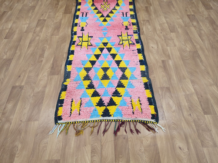 amazing berber rug, moroccan  runner rug, handmade geometric rug, pink and yellow rug, tribal berber rug, authentic sheep wool rug.