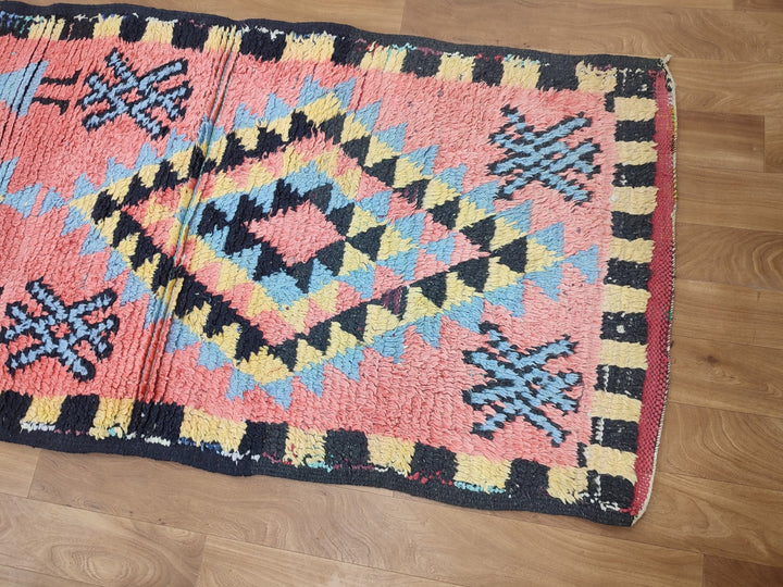 amazing berber rug, moroccan  runner rug, handmade geometric rug, pink and yellow rug, tribal berber rug, authentic sheep wool rug.