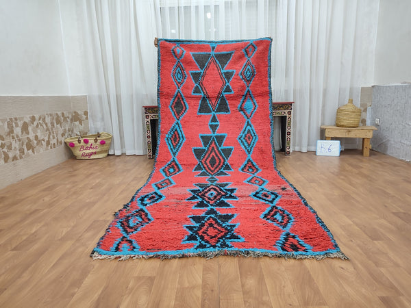 unique moroccan rug,  handmade carpet, moroccan berber runner rug, sheep wool rug, authentic red and blue rug, geometric runner rug.