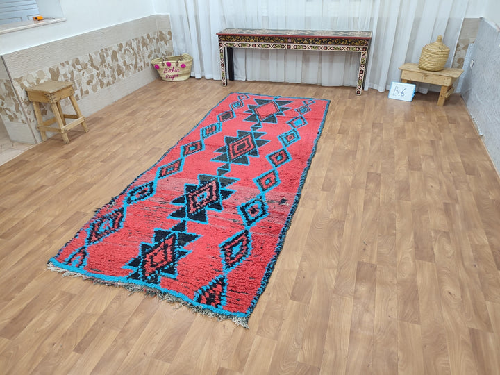 unique moroccan rug,  handmade carpet, moroccan berber runner rug, sheep wool rug, authentic red and blue rug, geometric runner rug.