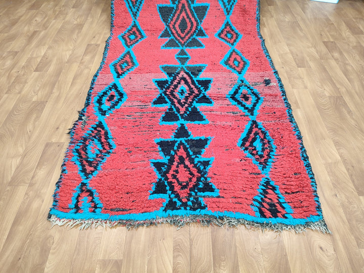 unique moroccan rug,  handmade carpet, moroccan berber runner rug, sheep wool rug, authentic red and blue rug, geometric runner rug.