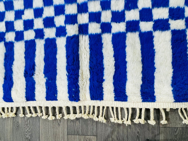 Blue BENIOURAIN RUG, Moroccan Handmade Carpet, Blue  White Rug, Berber Wool Rug, Checkered Rug, Checkerboard Rug, Bohemian Rug 