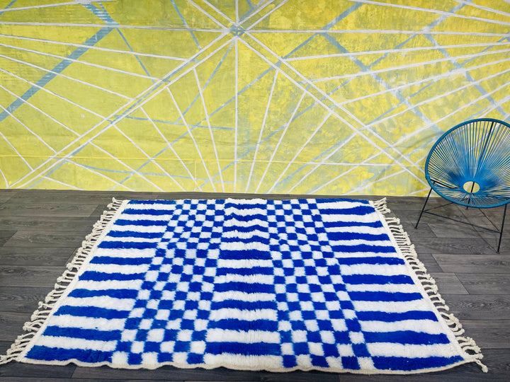 Blue BENIOURAIN RUG, Moroccan Handmade Carpet, Blue  White Rug, Berber Wool Rug, Checkered Rug, Checkerboard Rug, Bohemian Rug 