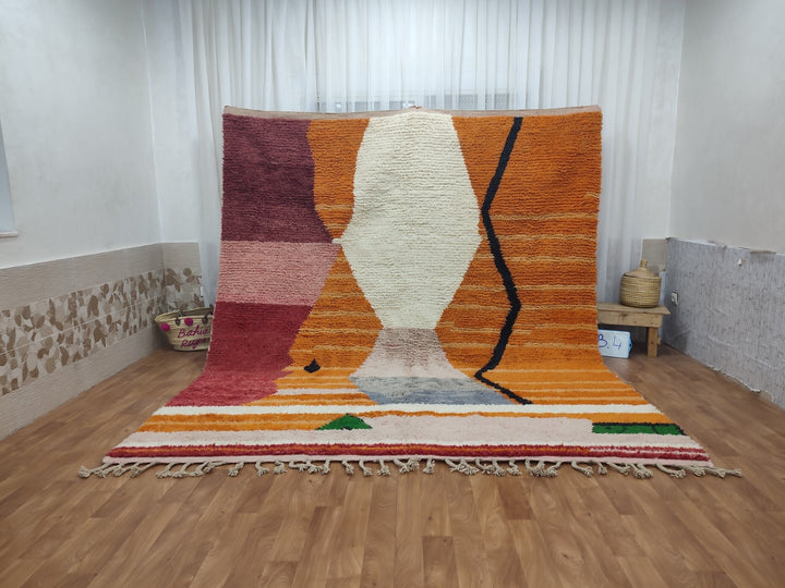 GORGEOUS BOUJAAD RUG, Moroccan Handmade Rug, Berber Abstract Carpet, Authentic Sheep Wool Rug, Orange And Pink Rug, Tribal Boujad Carpet.