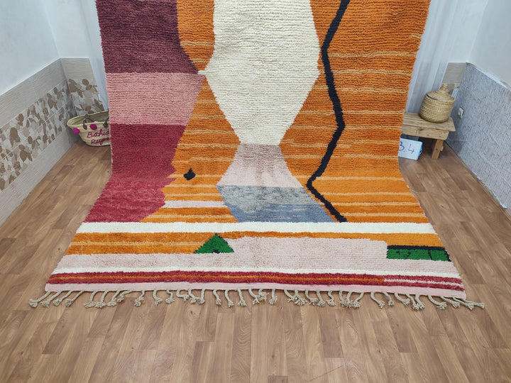 GORGEOUS BOUJAAD RUG, Moroccan Handmade Rug, Berber Abstract Carpet, Authentic Sheep Wool Rug, Orange And Pink Rug, Tribal Boujad Carpet.