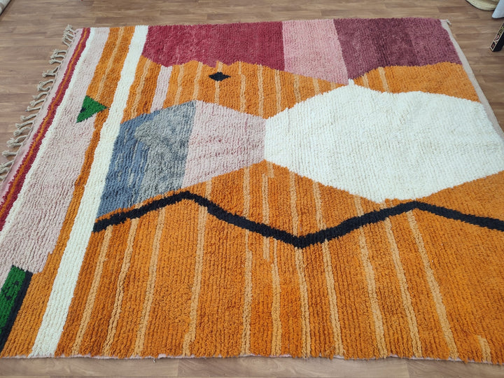 GORGEOUS BOUJAAD RUG, Moroccan Handmade Rug, Berber Abstract Carpet, Authentic Sheep Wool Rug, Orange And Pink Rug, Tribal Boujad Carpet.