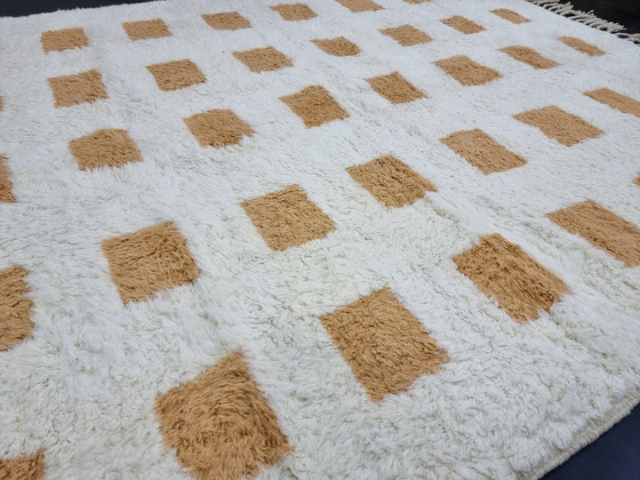 CUTE MOROCCAN RUG, Beniourain Rug , White  Orange Honey Rug, Checkered Rug, Handmade Rug, Area Rug, Handwoven Rug, Berber Rug, Wool Rug