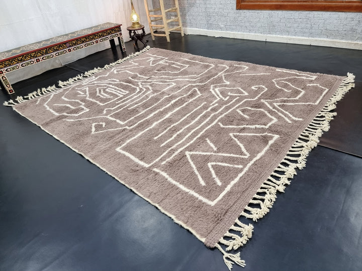 CUTE BENIOURAIN RUG, Moroccan Berber , Azilal Rug, Abstract Rug, Handmade Wool Rug, Brown  White Rug, Handwoven Rug, Sheep Wool Rug