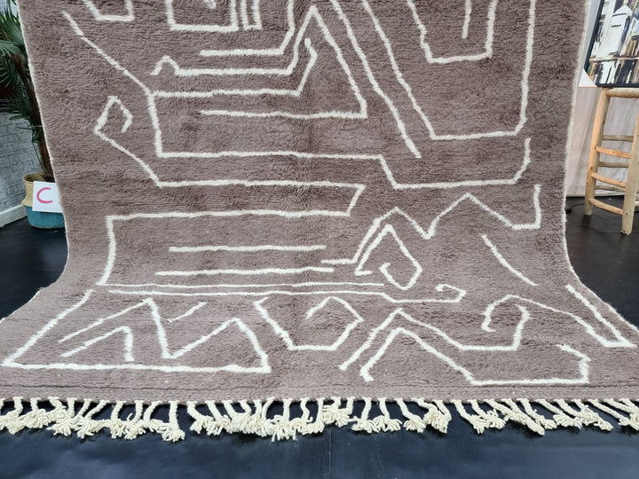 CUTE BENIOURAIN RUG, Moroccan Berber , Azilal Rug, Abstract Rug, Handmade Wool Rug, Brown  White Rug, Handwoven Rug, Sheep Wool Rug