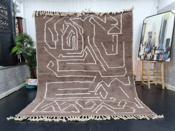 CUTE BENIOURAIN RUG, Moroccan Berber , Azilal Rug, Abstract Rug, Handmade Wool Rug, Brown  White Rug, Handwoven Rug, Sheep Wool Rug