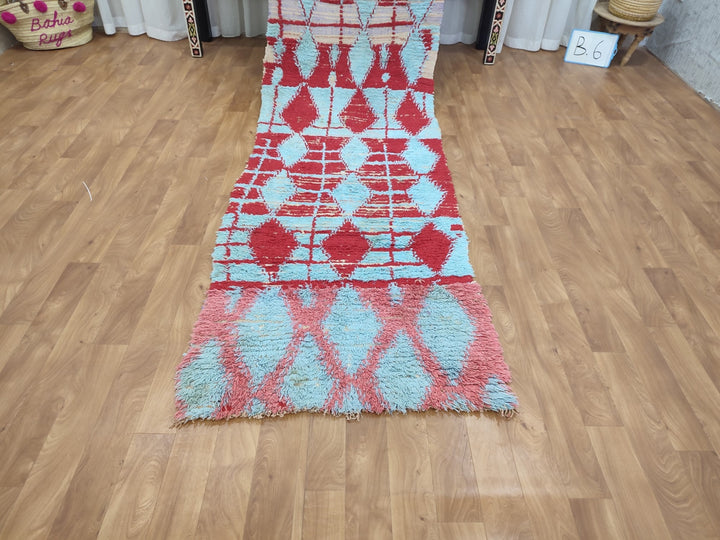 amazing berber rug, moroccan  runner rug, handmade geometric rug, blue and red rug, tribal berber rug, authentic moroccan runner rug.