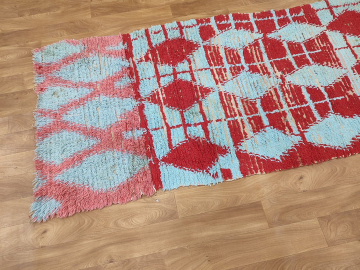 amazing berber rug, moroccan  runner rug, handmade geometric rug, blue and red rug, tribal berber rug, authentic moroccan runner rug.