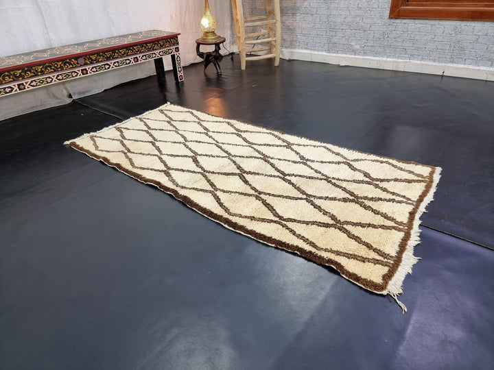 authentic  rug, moroccan  ,berber wool rug, geometric rug, white and brown  beni ouarain rug,area rug, sheep wool rug