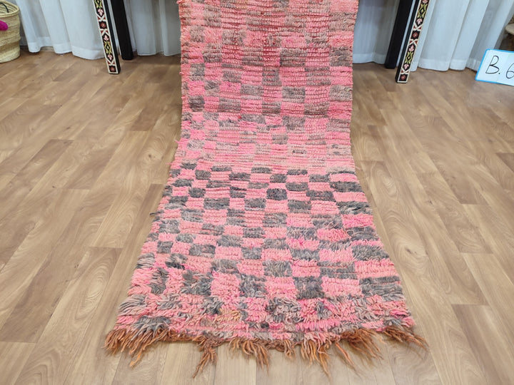 berber moroccan rug,  tribal runner rug, checkered handmade rug, authentic moroccan carpet, berber wool rug, pink  gray checker rug.