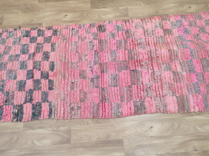 berber moroccan rug,  tribal runner rug, checkered handmade rug, authentic moroccan carpet, berber wool rug, pink  gray checker rug.