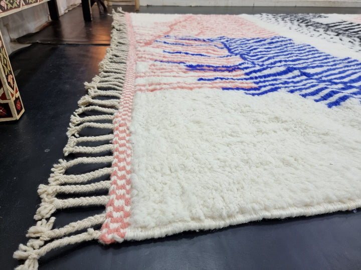 AMAZING BENIOURAIN RUG, Handmade Wool Rug, Moroccan Rug , Peach And Blue Rug, Striped Wool Rug, Handwoven Rug, Berber Rug, Area Rug.