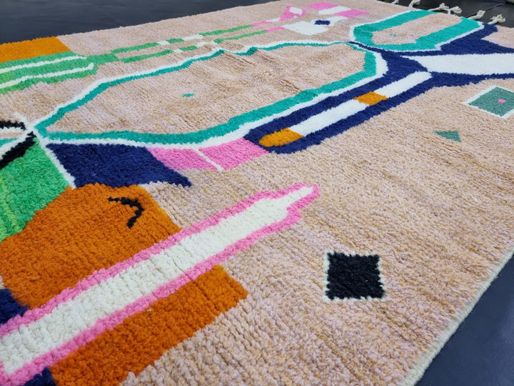 GORGEOUS BENIOURAIN RUG, Moroccan Handmade Rug , Beige  Turquoise Rug, Wool Rug, Berber Rug, Abstract Rug, Berber Rug, Handwoven Rug