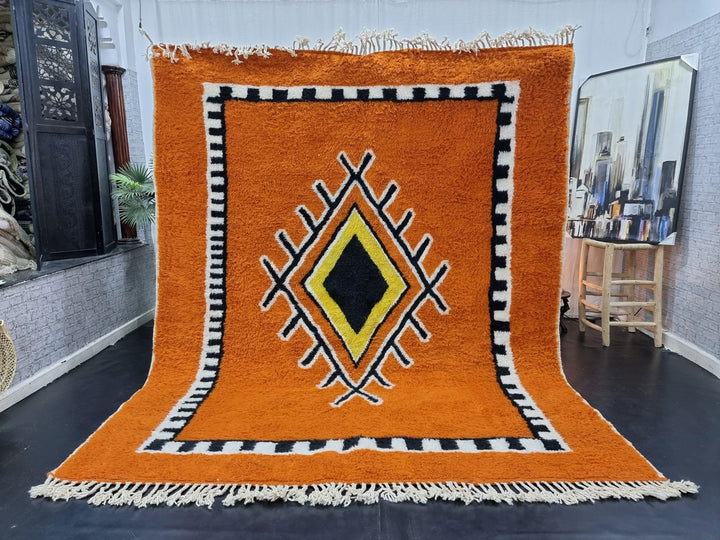 BEAUTIFUL BENIOURAIN RUG, Moroccan Rug , Sheep Wool Rug, GeometricRug, Orange Rug, Handmade Rug,Berber Rug, Handwoven Rug, Rya Rug .