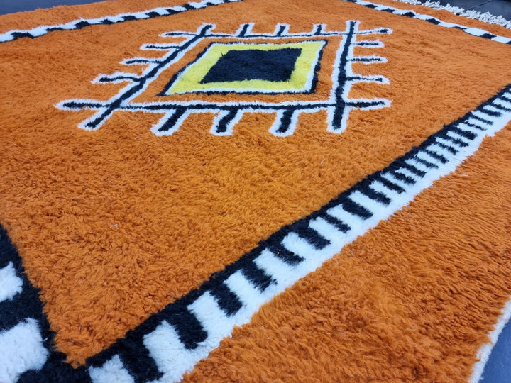 BEAUTIFUL BENIOURAIN RUG, Moroccan Rug , Sheep Wool Rug, GeometricRug, Orange Rug, Handmade Rug,Berber Rug, Handwoven Rug, Rya Rug .