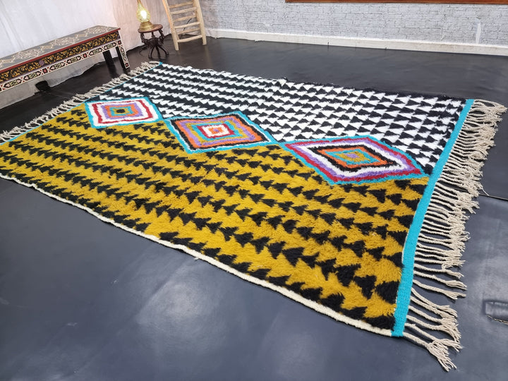 AMAZING BENIOURAIN RUG, Moroccan Handmade Rug, , Mustard  Black Rug, Sheep Wool Rug, Geometric Rug, Berber Rug, Unique Handwoven Rug