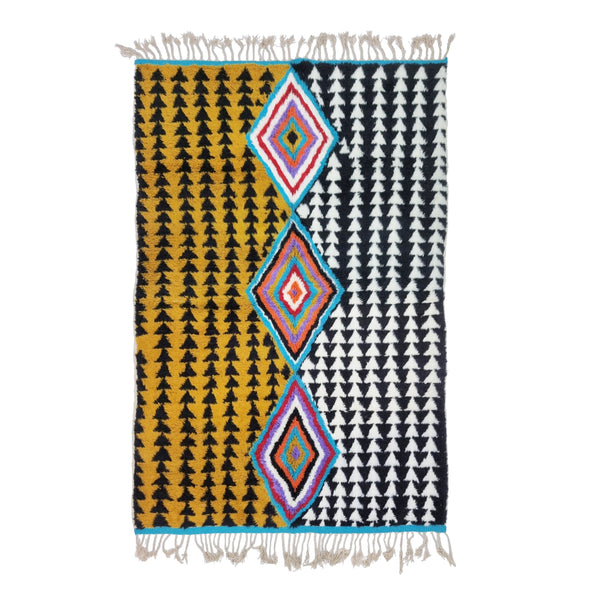 AMAZING BENIOURAIN RUG, Moroccan Handmade Rug, , Mustard  Black Rug, Sheep Wool Rug, Geometric Rug, Berber Rug, Unique Handwoven Rug