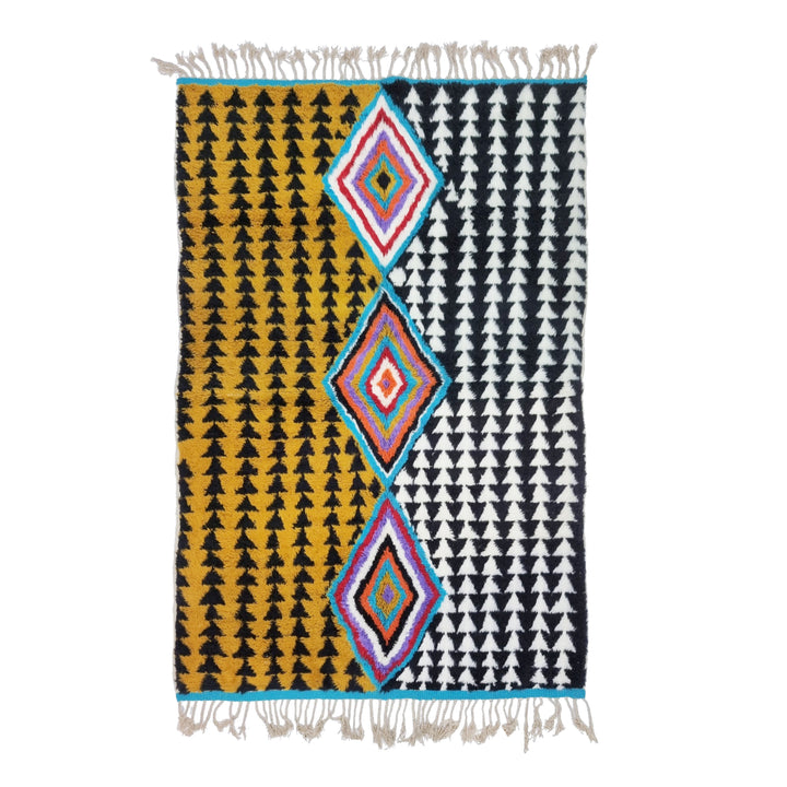 AMAZING BENIOURAIN RUG, Moroccan Handmade Rug, , Mustard  Black Rug, Sheep Wool Rug, Geometric Rug, Berber Rug, Unique Handwoven Rug