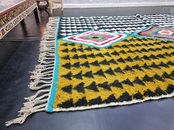 AMAZING BENIOURAIN RUG, Moroccan Handmade Rug, , Mustard  Black Rug, Sheep Wool Rug, Geometric Rug, Berber Rug, Unique Handwoven Rug