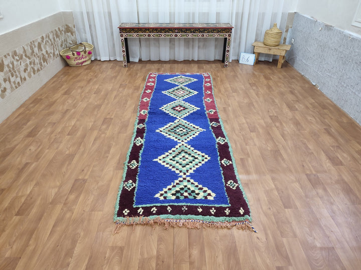 amazing moroccan rug,  handmade carpet, sheep wool runner rug, berber blue and turquoise rug,tribal geometric rug,bordered runner rug