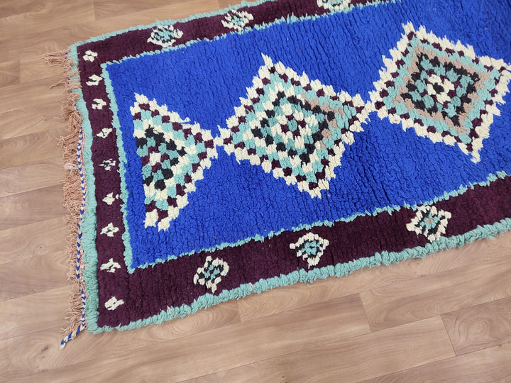 amazing moroccan rug,  handmade carpet, sheep wool runner rug, berber blue and turquoise rug,tribal geometric rug,bordered runner rug