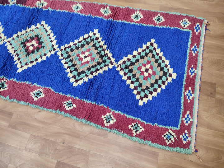 amazing moroccan rug,  handmade carpet, sheep wool runner rug, berber blue and turquoise rug,tribal geometric rug,bordered runner rug