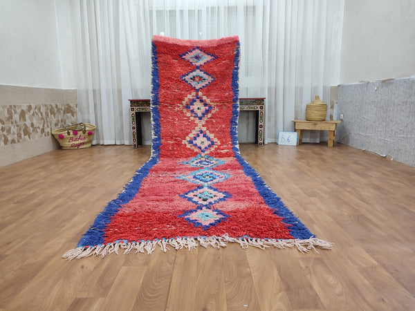 beutiful moroccan rug,  berber runner rug, red and blue, handmade woolcotton rug, tribal geometric rug, authentic moroccan rug.