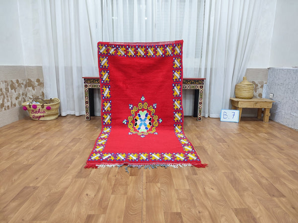 gorgeous moroccan rug,  handmade rug, tribal abstractrug, berber sheep wool rug, small red and yellow carpet, wall hanging carpet.