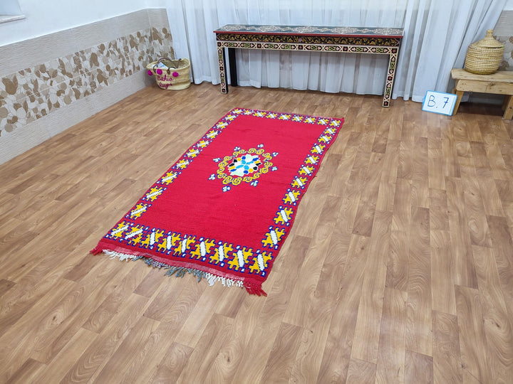 gorgeous moroccan rug,  handmade rug, tribal abstractrug, berber sheep wool rug, small red and yellow carpet, wall hanging carpet.